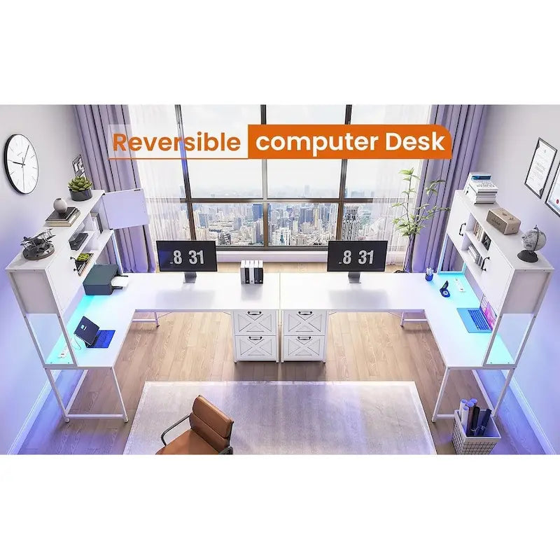 Bureau d'angle en L avec tiroirs, étagères de rangement, pour le gaming ou l'ordinateur