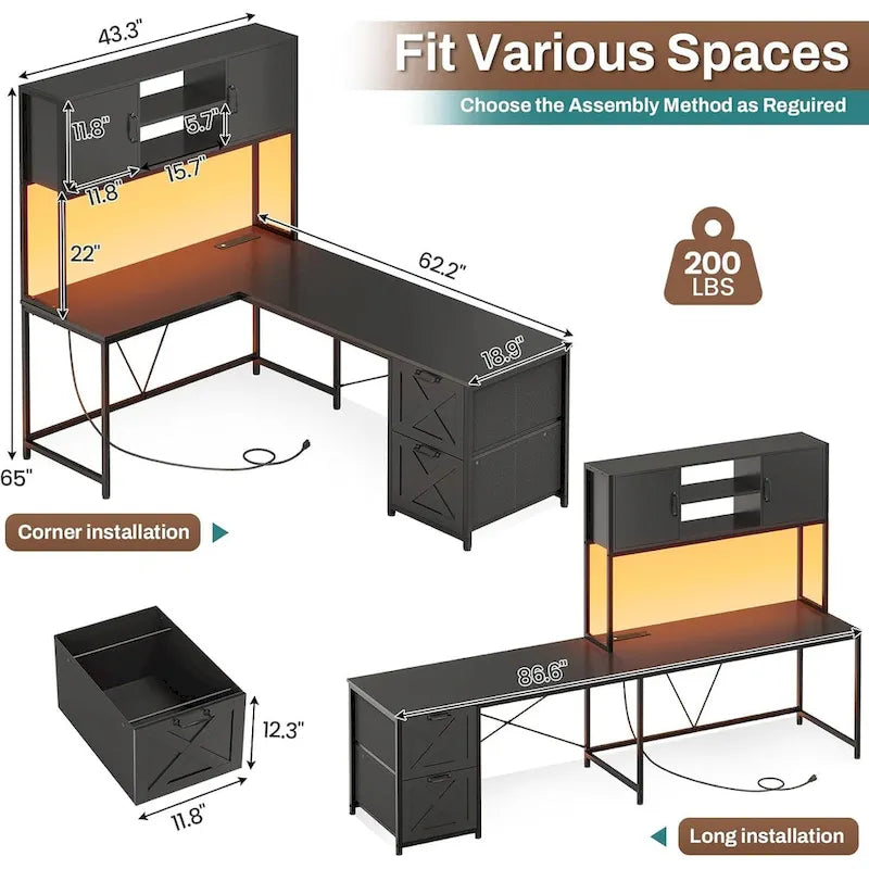 Bureau d'angle en L avec tiroirs, étagères de rangement, pour le gaming ou l'ordinateur
