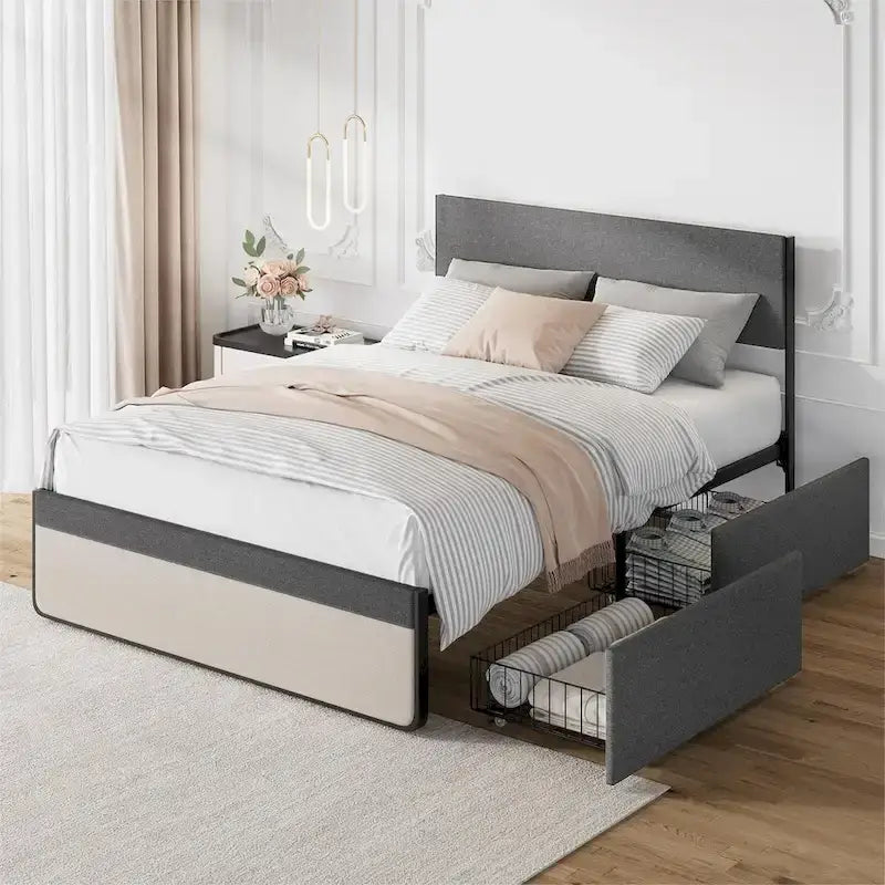 Lit plateforme rembourré avec 2 tiroirs de rangement, lin, style Mid-Century, 317 kg, pleine taille/Queen