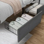 Lit plateforme rembourré avec 2 tiroirs de rangement, lin, style Mid-Century, 317 kg, pleine taille/Queen