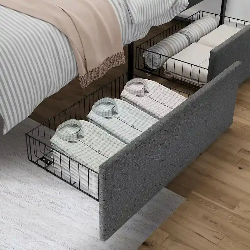 Lit plateforme rembourré avec 2 tiroirs de rangement, lin, style Mid-Century, 317 kg, pleine taille/Queen