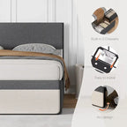 Lit plateforme rembourré avec 2 tiroirs de rangement, lin, style Mid-Century, 317 kg, pleine taille/Queen