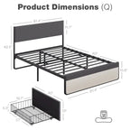 Lit plateforme rembourré avec 2 tiroirs de rangement, lin, style Mid-Century, 317 kg, pleine taille/Queen