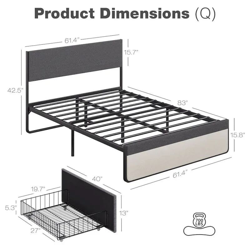 Lit plateforme rembourré avec 2 tiroirs de rangement, lin, style Mid-Century, 317 kg, pleine taille/Queen