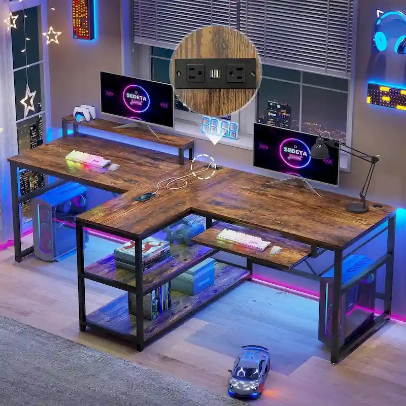 Bureau de jeu pour 2 personnes 240 cm, marron, LED RGB, support de clavier, support de moniteur, multiprise USB