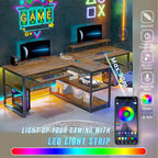 Bureau de jeu pour 2 personnes 240 cm, marron, LED RGB, support de clavier, support de moniteur, multiprise USB