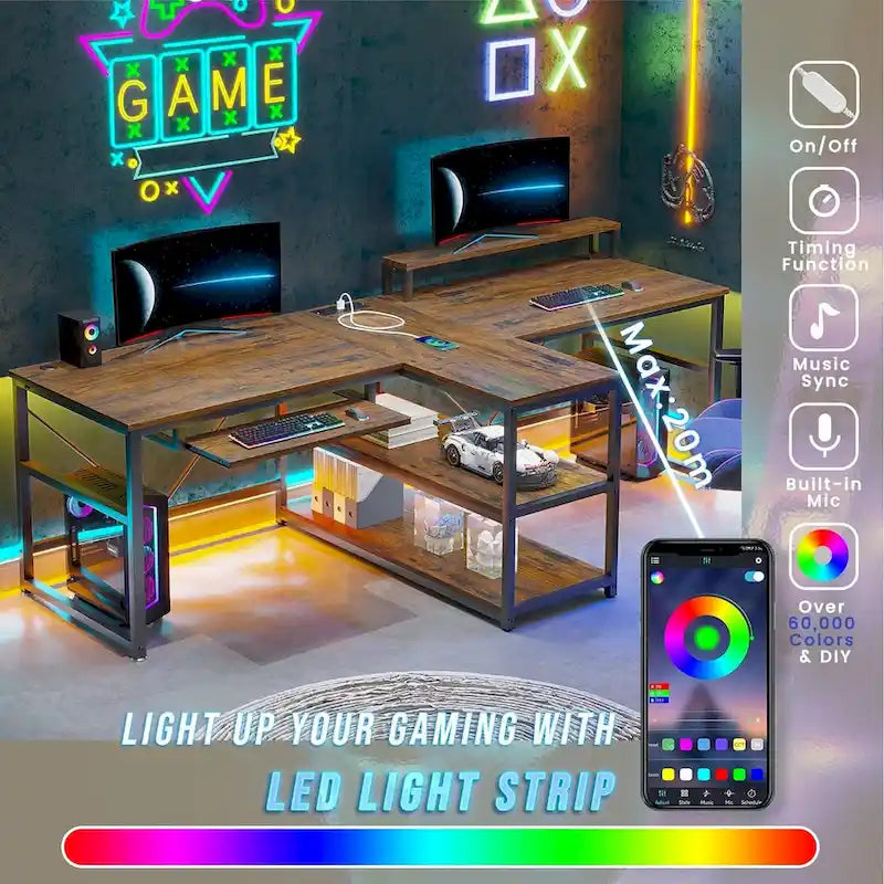 Bureau de jeu pour 2 personnes 240 cm, marron, LED RGB, support de clavier, support de moniteur, multiprise USB