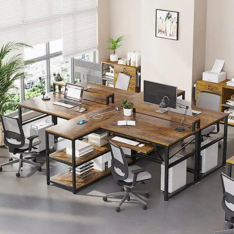 Bureau de jeu pour 2 personnes 240 cm, marron, LED RGB, support de clavier, support de moniteur, multiprise USB