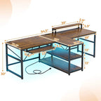 Bureau de jeu pour 2 personnes 240 cm, marron, LED RGB, support de clavier, support de moniteur, multiprise USB