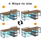 Bureau de jeu pour 2 personnes 240 cm, marron, LED RGB, support de clavier, support de moniteur, multiprise USB