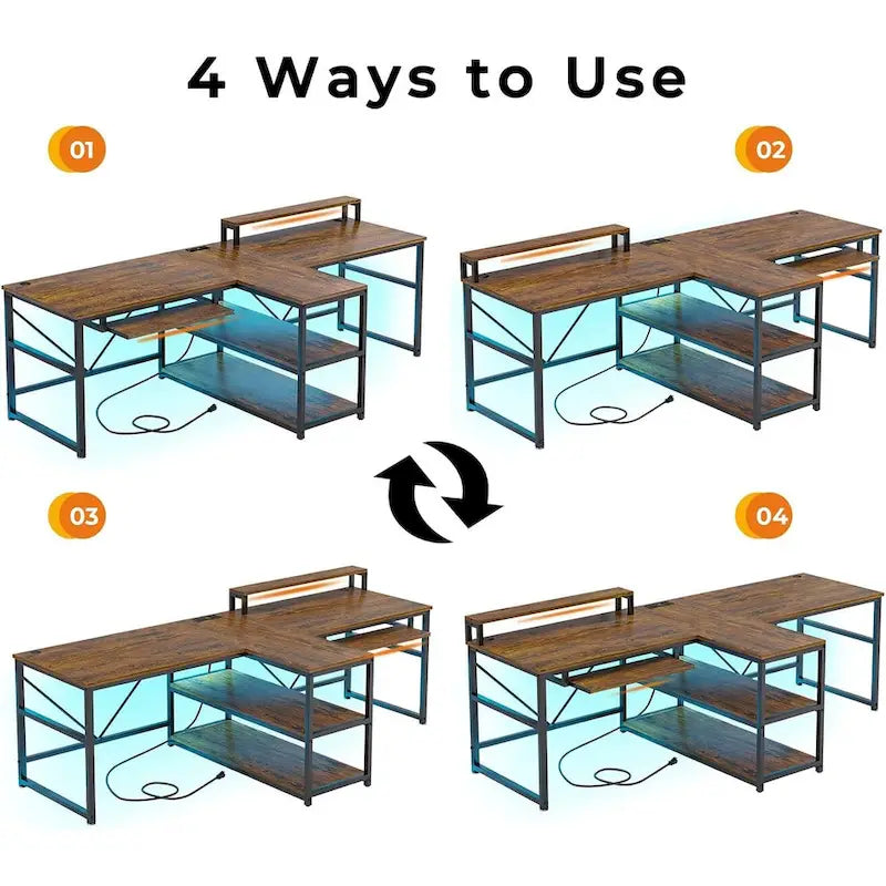 Bureau de jeu pour 2 personnes 240 cm, marron, LED RGB, support de clavier, support de moniteur, multiprise USB