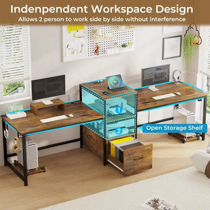 Bureau de jeu pour 2 personnes 240 cm, marron, LED RGB, support de clavier, support de moniteur, multiprise USB