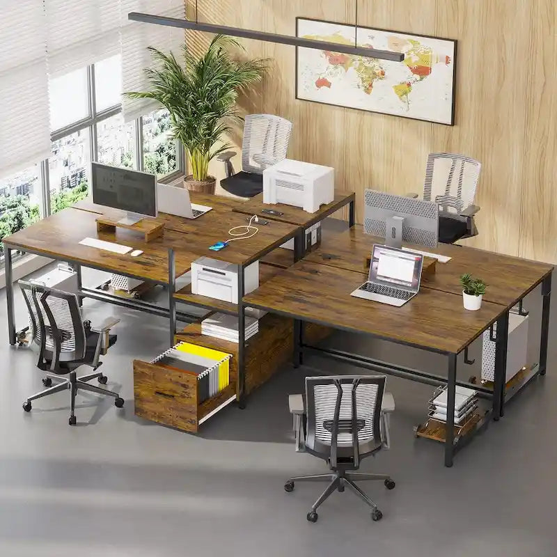 Bureau de jeu pour 2 personnes 240 cm, marron, LED RGB, support de clavier, support de moniteur, multiprise USB