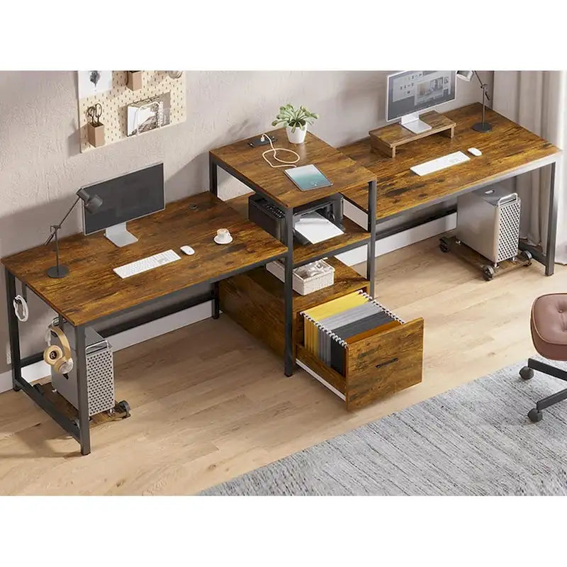 Bureau de jeu pour 2 personnes 240 cm, marron, LED RGB, support de clavier, support de moniteur, multiprise USB