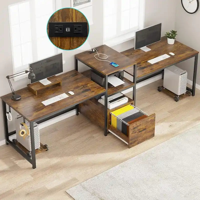 Bureau de jeu pour 2 personnes 240 cm, marron, LED RGB, support de clavier, support de moniteur, multiprise USB