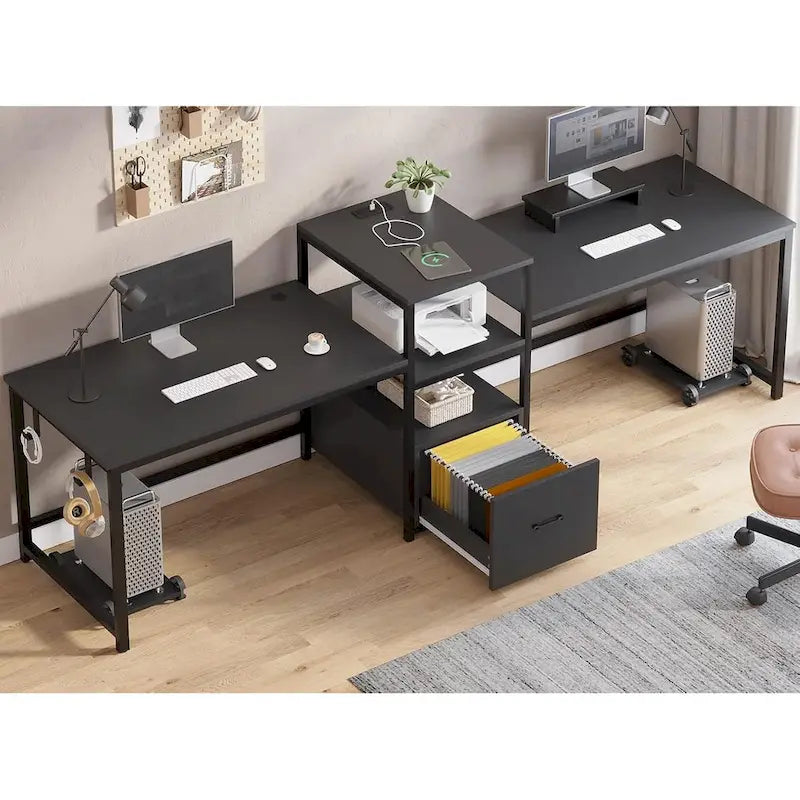 Bureau de jeu pour 2 personnes 240 cm, marron, LED RGB, support de clavier, support de moniteur, multiprise USB