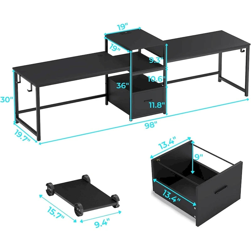 Bureau de jeu pour 2 personnes 240 cm, marron, LED RGB, support de clavier, support de moniteur, multiprise USB