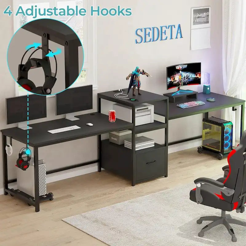 Bureau de jeu pour 2 personnes 240 cm, marron, LED RGB, support de clavier, support de moniteur, multiprise USB