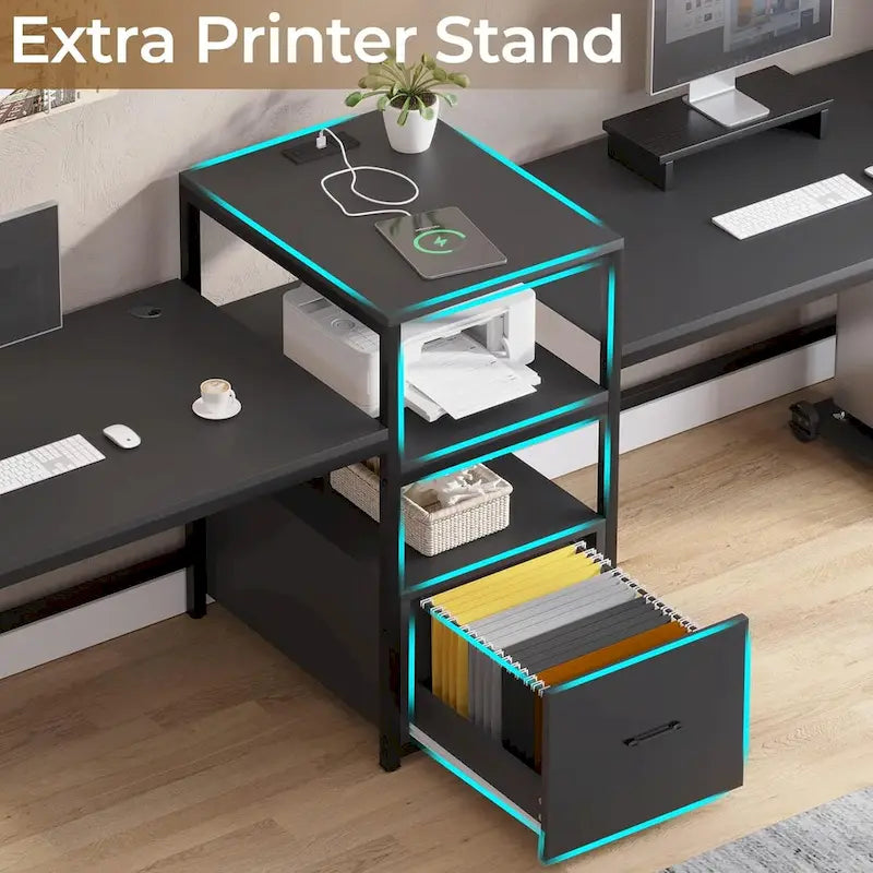 Bureau de jeu pour 2 personnes 240 cm, marron, LED RGB, support de clavier, support de moniteur, multiprise USB