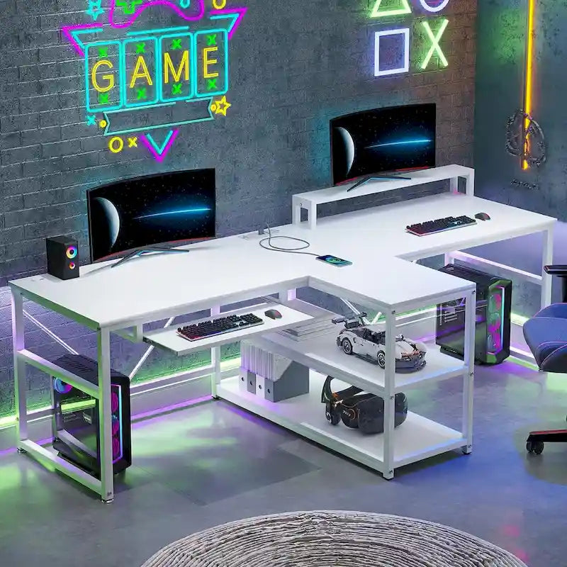 Bureau de jeu pour 2 personnes 240 cm, marron, LED RGB, support de clavier, support de moniteur, multiprise USB