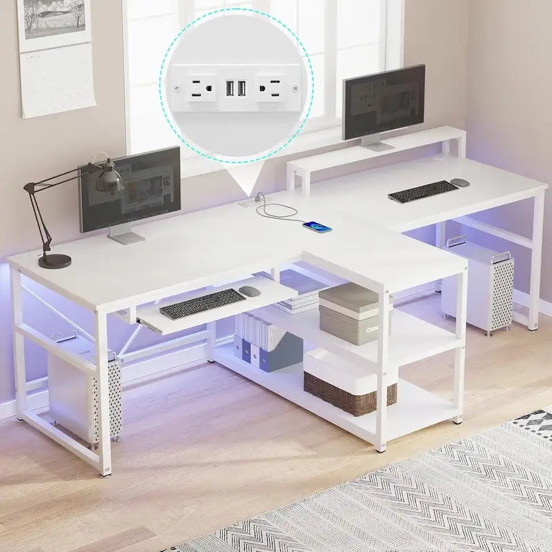 Bureau de jeu pour 2 personnes 240 cm, marron, LED RGB, support de clavier, support de moniteur, multiprise USB