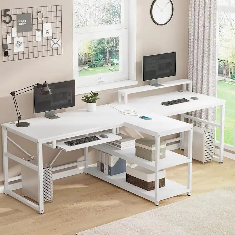 Bureau de jeu pour 2 personnes 240 cm, marron, LED RGB, support de clavier, support de moniteur, multiprise USB