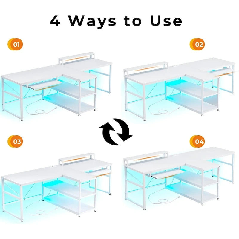 Bureau de jeu pour 2 personnes 240 cm, marron, LED RGB, support de clavier, support de moniteur, multiprise USB