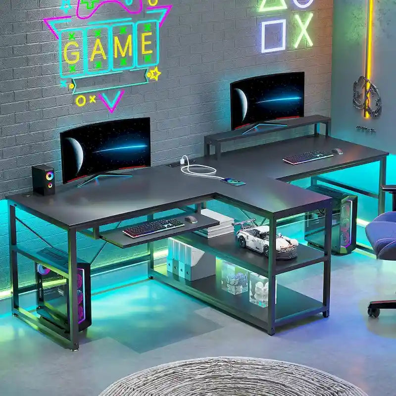 Bureau de jeu pour 2 personnes 240 cm, marron, LED RGB, support de clavier, support de moniteur, multiprise USB