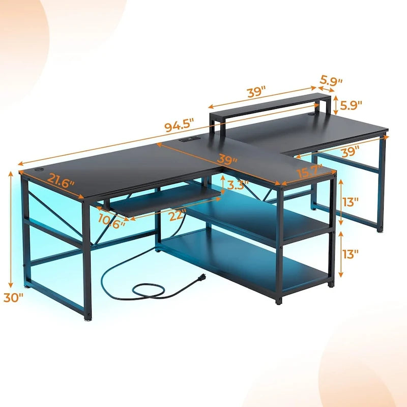 Bureau de jeu pour 2 personnes 240 cm, marron, LED RGB, support de clavier, support de moniteur, multiprise USB