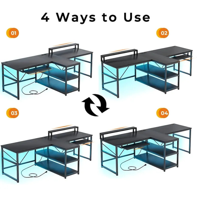 Bureau de jeu pour 2 personnes 240 cm, marron, LED RGB, support de clavier, support de moniteur, multiprise USB