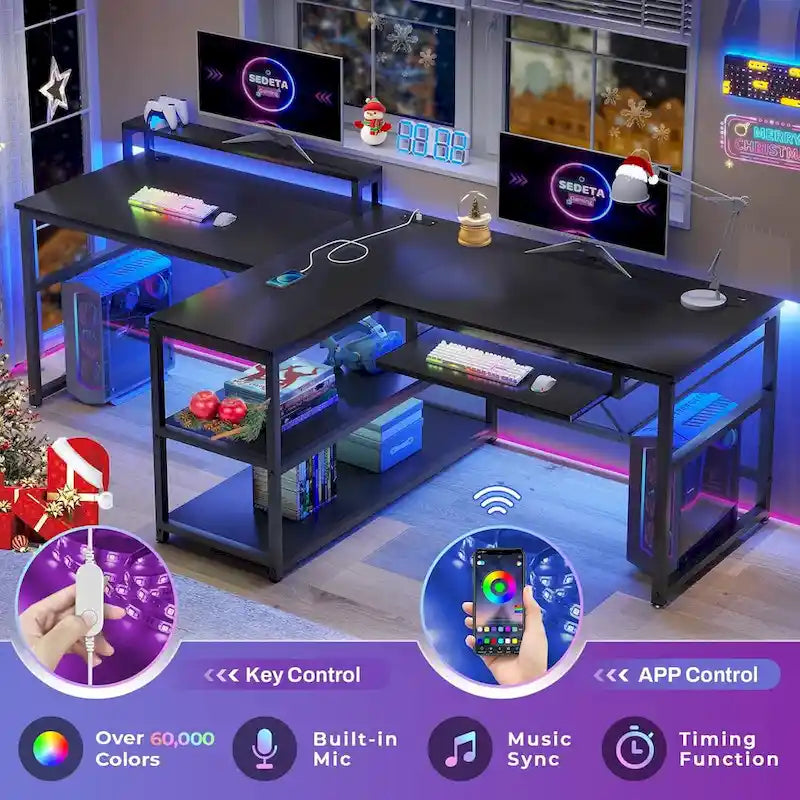 Bureau de jeu pour 2 personnes 240 cm, marron, LED RGB, support de clavier, support de moniteur, multiprise USB