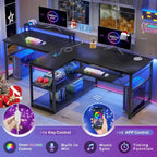 Bureau de jeu pour 2 personnes 240 cm, marron, LED RGB, support de clavier, support de moniteur, multiprise USB