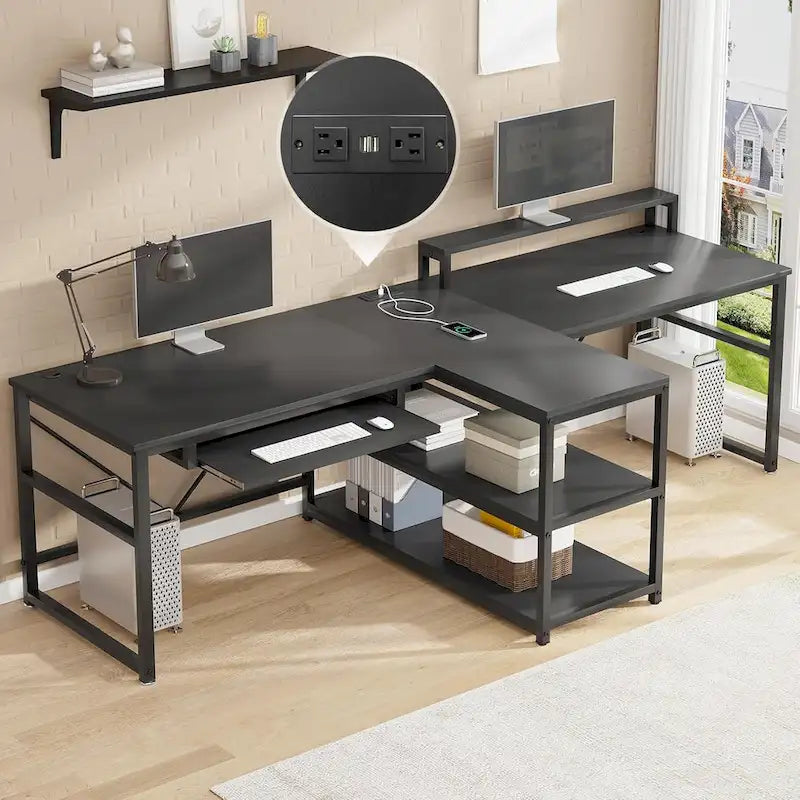 Bureau de jeu pour 2 personnes 240 cm, marron, LED RGB, support de clavier, support de moniteur, multiprise USB