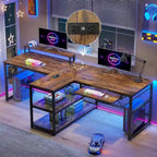 Bureau de jeu pour 2 personnes 240 cm, marron, LED RGB, support de clavier, support de moniteur, multiprise USB