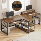 Bureau de jeu pour 2 personnes 240 cm, marron, LED RGB, support de clavier, support de moniteur, multiprise USB