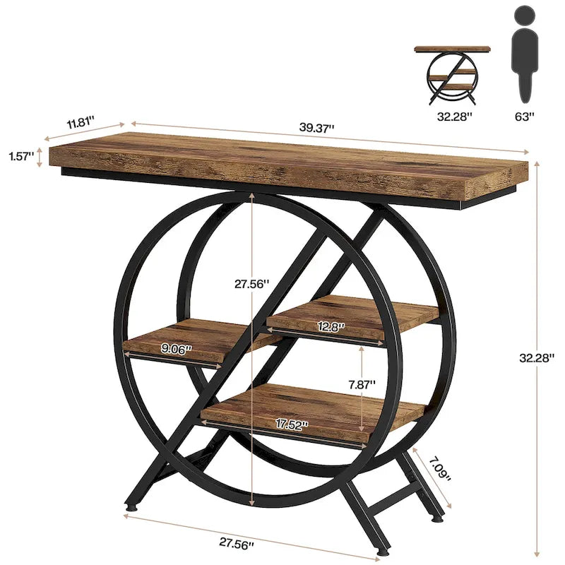 Console, style industriel, étagères décalées à 4 niveaux, panneaux de particules et cadre métallique, 100 cm (L) x 30 cm (l) x 81,3 cm (H), marron rustique