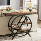Console, style industriel, étagères décalées à 4 niveaux, panneaux de particules et cadre métallique, 100 cm (L) x 30 cm (l) x 81,3 cm (H), marron rustique