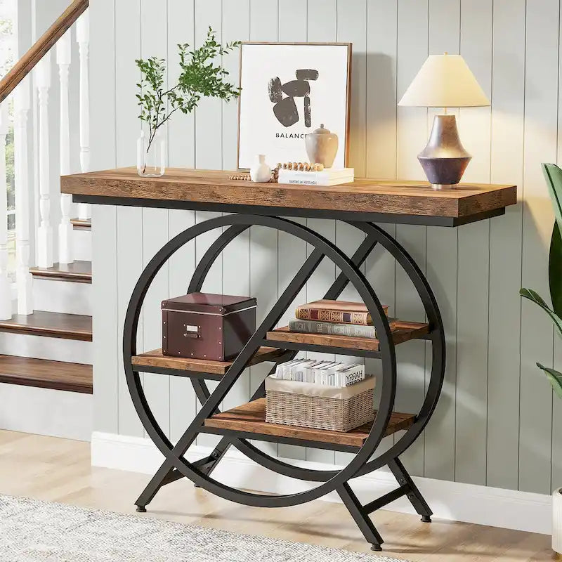 Console, style industriel, étagères décalées à 4 niveaux, panneaux de particules et cadre métallique, 100 cm (L) x 30 cm (l) x 81,3 cm (H), marron rustique