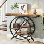 Console, style industriel, étagères décalées à 4 niveaux, panneaux de particules et cadre métallique, 100 cm (L) x 30 cm (l) x 81,3 cm (H), marron rustique