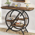 Console, style industriel, étagères décalées à 4 niveaux, panneaux de particules et cadre métallique, 100 cm (L) x 30 cm (l) x 81,3 cm (H), marron rustique