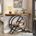 Console, style industriel, étagères décalées à 4 niveaux, panneaux de particules et cadre métallique, 100 cm (L) x 30 cm (l) x 81,3 cm (H), marron rustique