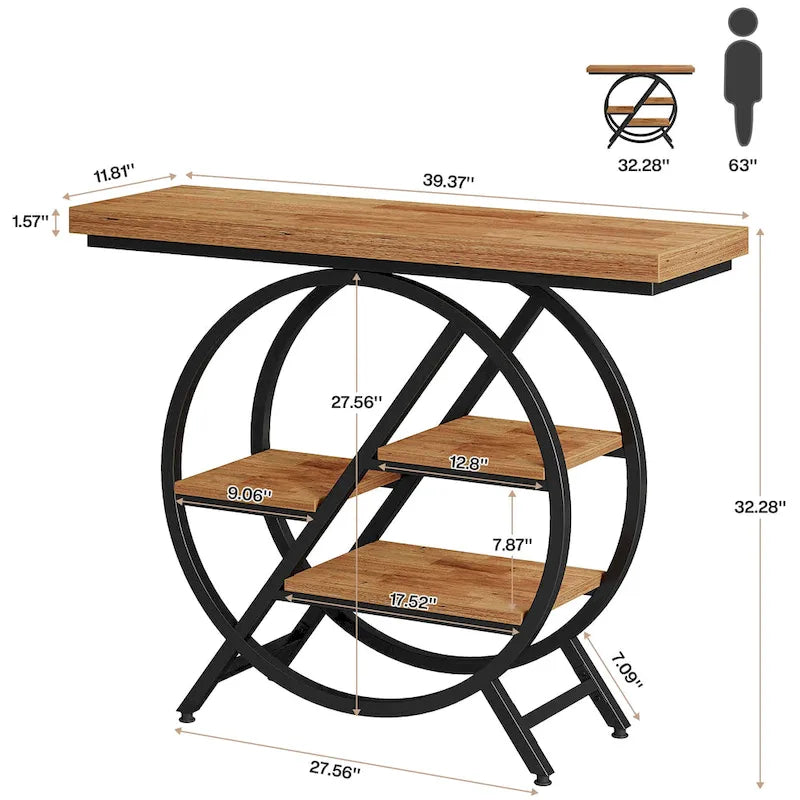 Console, style industriel, étagères décalées à 4 niveaux, panneaux de particules et cadre métallique, 100 cm (L) x 30 cm (l) x 81,3 cm (H), marron rustique