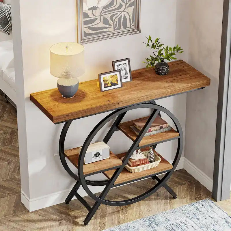 Console, style industriel, étagères décalées à 4 niveaux, panneaux de particules et cadre métallique, 100 cm (L) x 30 cm (l) x 81,3 cm (H), marron rustique