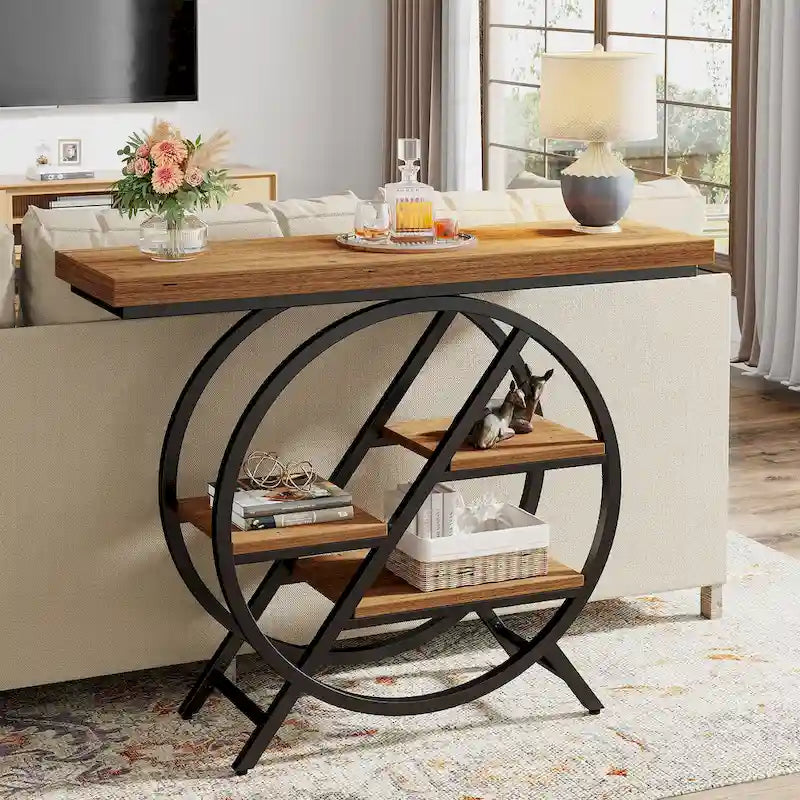 Console, style industriel, étagères décalées à 4 niveaux, panneaux de particules et cadre métallique, 100 cm (L) x 30 cm (l) x 81,3 cm (H), marron rustique