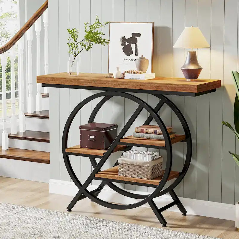 Console, style industriel, étagères décalées à 4 niveaux, panneaux de particules et cadre métallique, 100 cm (L) x 30 cm (l) x 81,3 cm (H), marron rustique