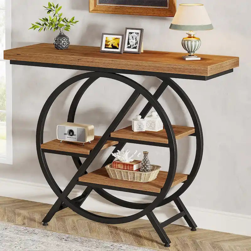Console, style industriel, étagères décalées à 4 niveaux, panneaux de particules et cadre métallique, 100 cm (L) x 30 cm (l) x 81,3 cm (H), marron rustique