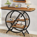 Console, style industriel, étagères décalées à 4 niveaux, panneaux de particules et cadre métallique, 100 cm (L) x 30 cm (l) x 81,3 cm (H), marron rustique