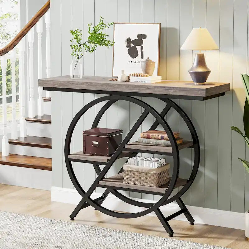 Console, style industriel, étagères décalées à 4 niveaux, panneaux de particules et cadre métallique, 100 cm (L) x 30 cm (l) x 81,3 cm (H), marron rustique
