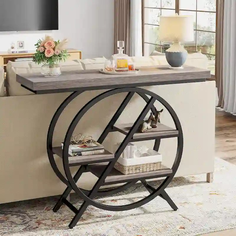 Console, style industriel, étagères décalées à 4 niveaux, panneaux de particules et cadre métallique, 100 cm (L) x 30 cm (l) x 81,3 cm (H), marron rustique