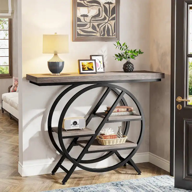 Console, style industriel, étagères décalées à 4 niveaux, panneaux de particules et cadre métallique, 100 cm (L) x 30 cm (l) x 81,3 cm (H), marron rustique